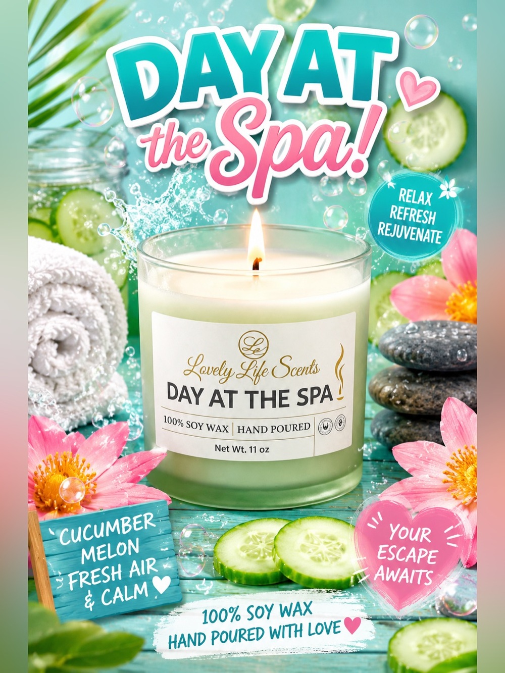 "Day at the Spa" 11 oz Premium Soy Wax Candle, a Cucumber Water & Melon Scent